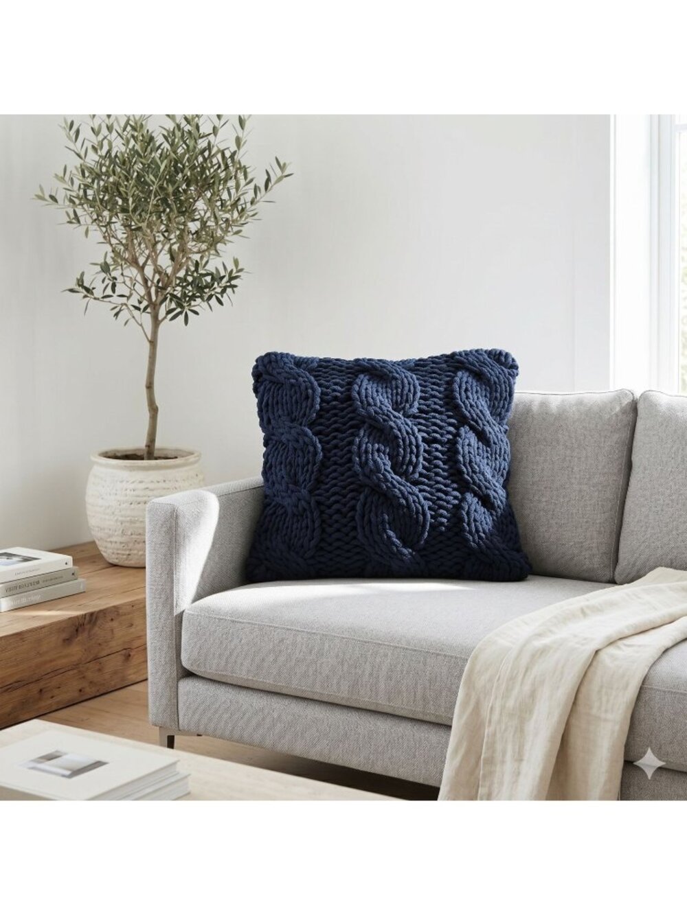 Pottery Barn Colossal Handknit Pillow Cover 24x24 Navy Blue Chunky Cable Knit XL